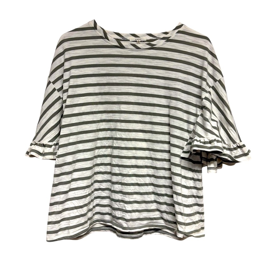Easel womens size small blouse white with green stripes short ruffle sleeves EUC
